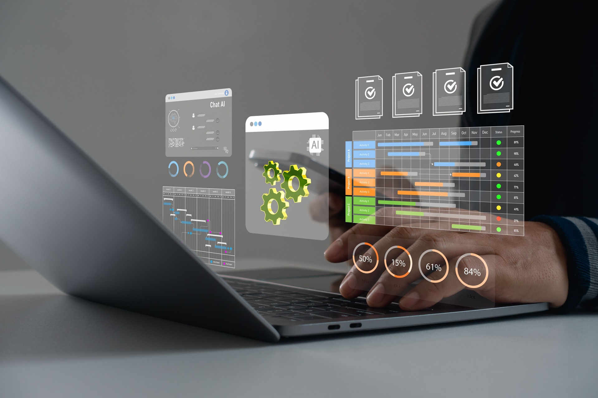 AI-powered data analytics and project management dashboard on laptop screen, showing real-time progress tracking, charts, task automation and smart performance metrics for business optimization.