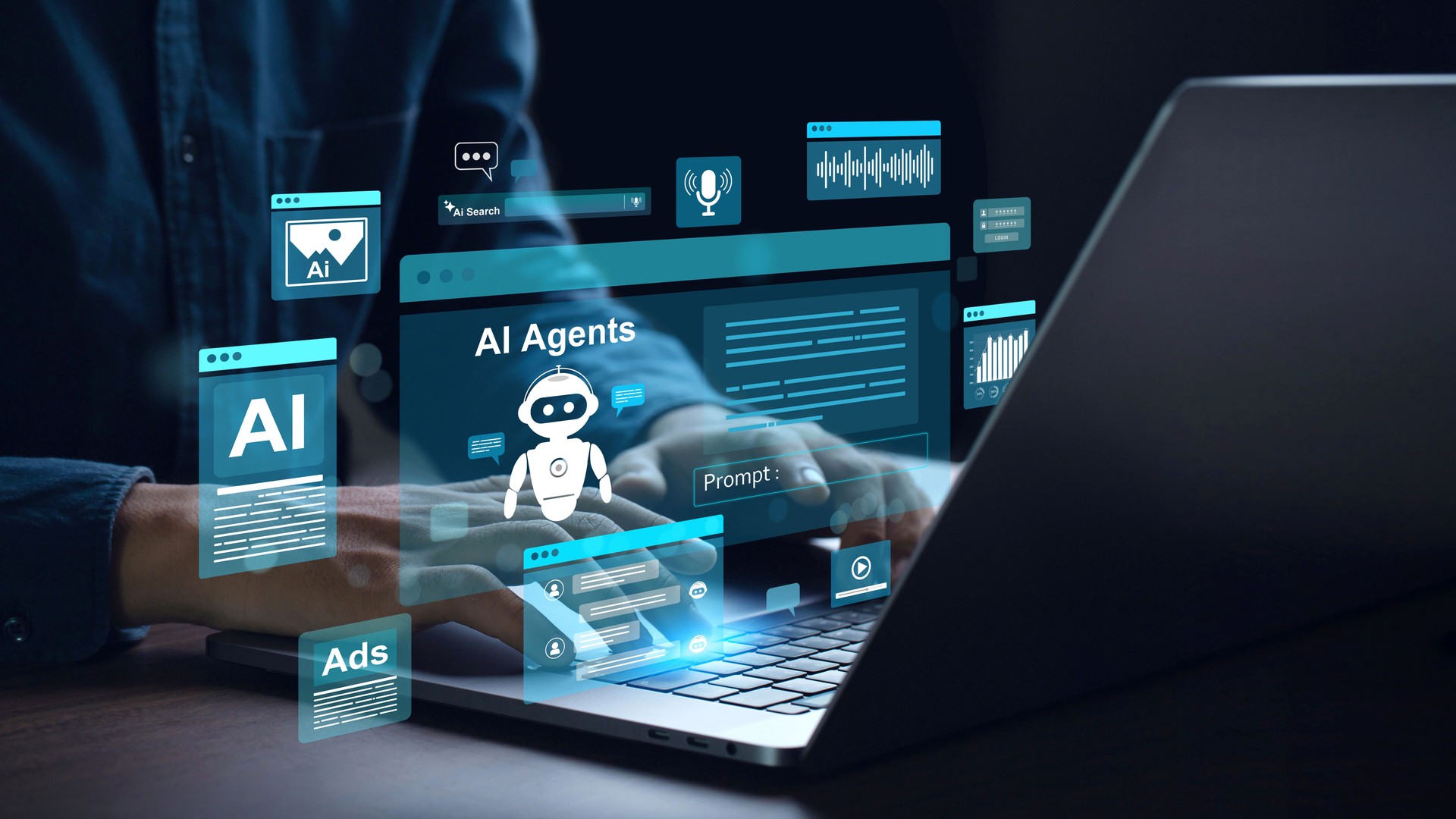 AI Agents and Assistants. Man using a laptop with futuristic software for generating images and managing content to achieve their goals, uses AI to work on data collection, analysis, and decision.