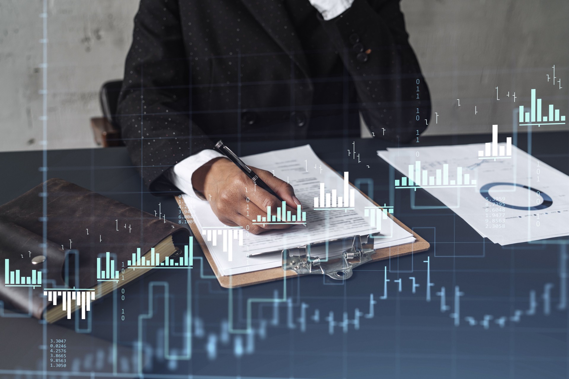 African American businesswoman in formal wear is signing the contract to invest money in stock market. Internet trading and wealth management. Forex and financial hologram chart.